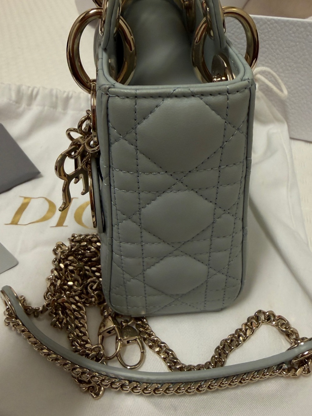 Dior Mini Lady Dior Top Handle Bag in Pale Slate Gray with Gold Hardware - Picture 3 of 10
